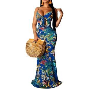 NEW Floral Spaghetti Strap Maxi Low-Cut Bohemian Beach Dress L